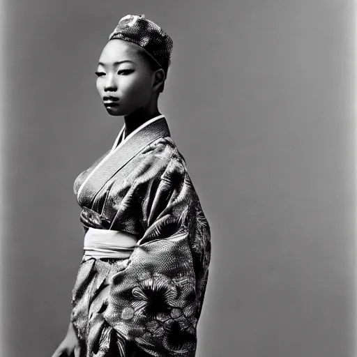 Prompt: a beautiful african - asian model, wearing a kimono. zeiss 1 5 0 mm f 2. 8 hasselblad, 1 9 5 0