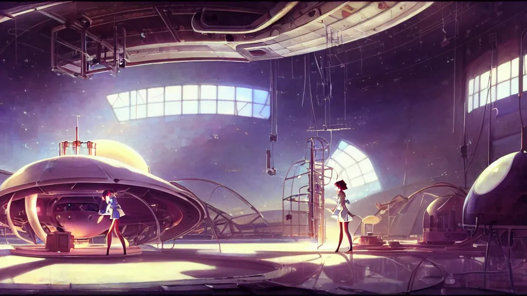 Image similar to a film still of a 1 9 5 0's mechanic anime girl repairing ufo in big hangar inside spaceship, sharp focus, finely detailed features, full body mid shot, perfect art, trending on pixiv fanbox, painted by gaston bussiere, makoto shinkai, akihiko yoshida, gaston bussiere, craig mullins