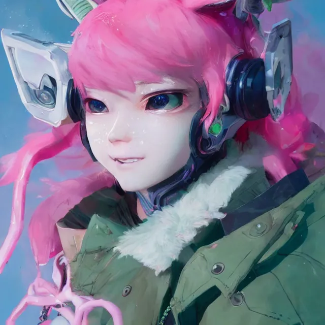 Image similar to a beautiful headshot portrait of a cute anime male boy with pink hair and pink wolf ears and green eyes wearing cyberpunk clothes. character design by cory loftis, fenghua zhong, ryohei hase, ismail inceoglu and ruan jia. artstation, volumetric light, detailed, photorealistic, fantasy, rendered in octane