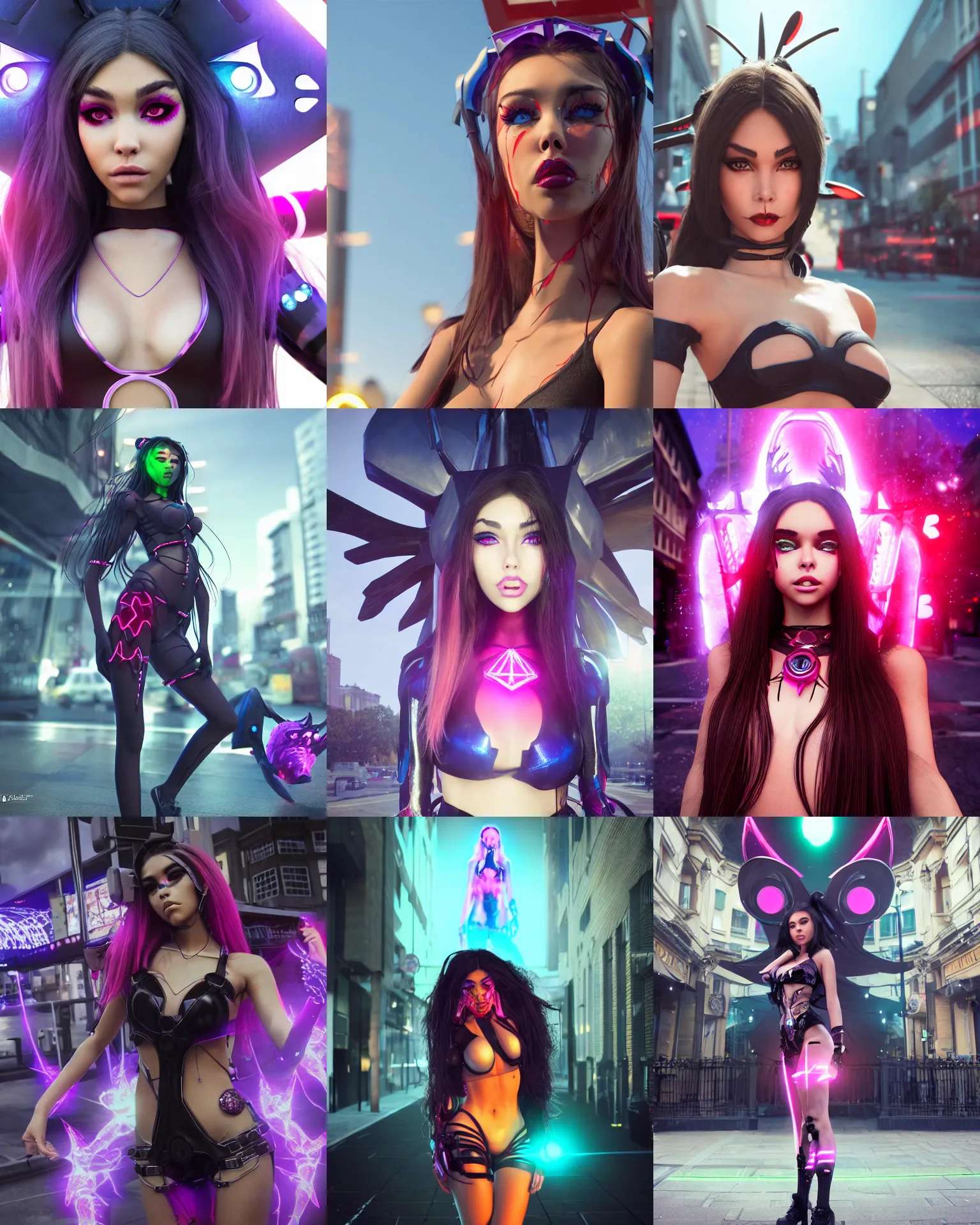 Prompt: young woman madison beer as an edc rave devil girl cyborg waiting at a bus stop in downtown london, octane render, anime, trending on artstation, unreal engine, volumetric lighting, concept art, sci - fi, photoreal, sweating, pouty face, looking at camera, symmetrical, pixar, cgsociety, greg rutkowski, wlop,