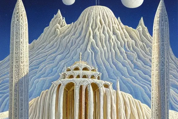 Prompt: the temple of truth is white, whole, holy and beautiful, but is surrounded by a crater of ruin and desolation. it's spire reaches up to the heavens and is topped with a gold statue. | painting by rob gonsalves. intricate detail. stark contrast. landscape painting. trending on artststion