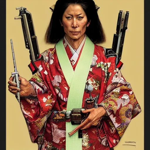 Image similar to the doomslayer wearing a kimono!!, portrait art by norman rockwell and donato giancola and greg rutkowski,