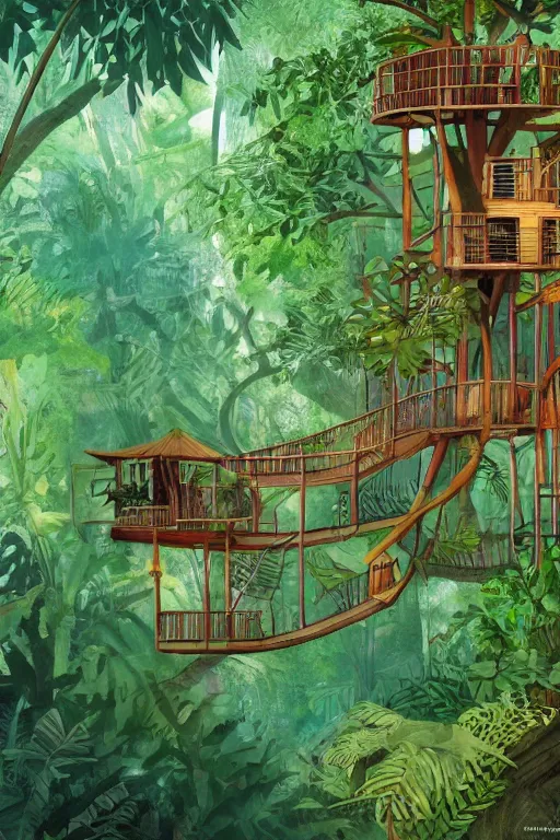 Prompt: tree house in the rainforest, swings, garden, by alba ballesta gonzalez. 4 k wallpaper, digital flat 2 d, comic book cover, illustration, cinematic lighting.