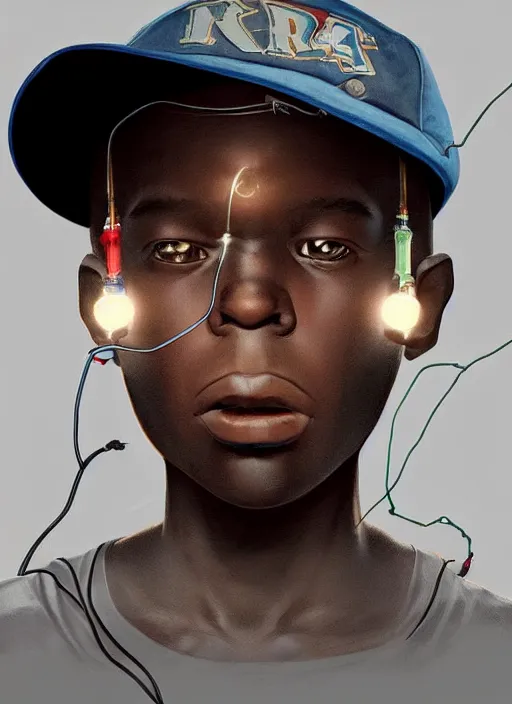 Prompt: portrait of a nigerian boy wearing a baseball cap with wires and computer chips dangling from inside, character concept art, art style by frank frazetta & james jean, volumetric light, ray tracing, digital illustration, colourful, sharp, intricate detail, behance, artstation, pinterest,