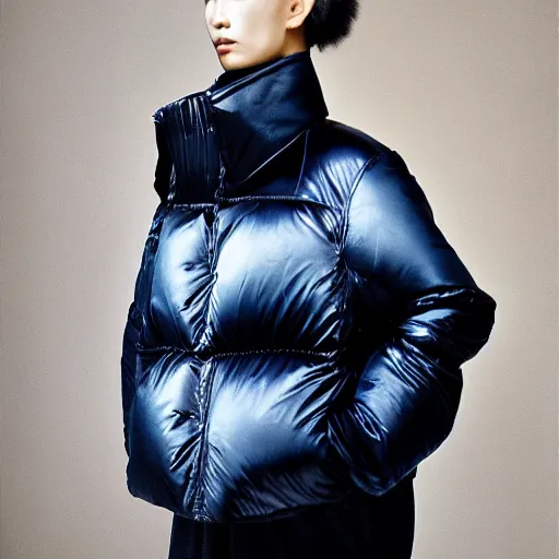 Image similar to realistic photoshooting for a new balenciaga lookbook, color film photography, portrait of a blonde asian woman, model wearing a puffer jacket, photo in style of tyler mitchell, 3 5 mm,