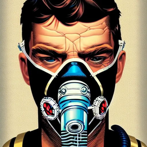 Image similar to portrait of a male diver with a oxygen mask intricate details mask by MARVEL comics and Sandra Chevrier