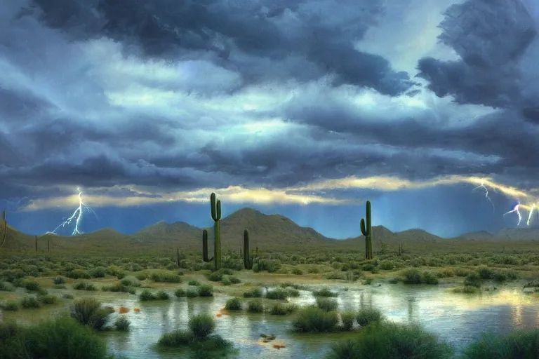 Prompt: a stormy monsoon rainstorm in the arizona desert, the sonoran desert landscape is full of life, water puddles, lightning bolt in the distance, beautiful cloudy deep blue sky, by georgia o'keeffe and thomas kinkade and quentin mabille and geoffroy thoorens, trending on artstation