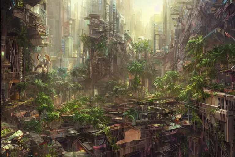 Image similar to a cyberpunk city in ruins, jungle plants overgrowing the streets and buildings, a few cats run through the ruins, by artgerm and amano and rutkowski and kincaid, trending on artstation