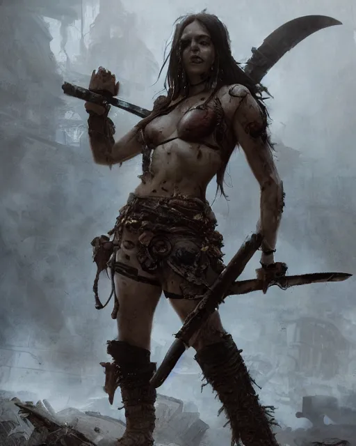 Image similar to hyper realistic photo of postapocalyptic barbarian warrior girl, full body, cinematic, artstation, cgsociety, greg rutkowski, james gurney, mignola, craig mullins, brom