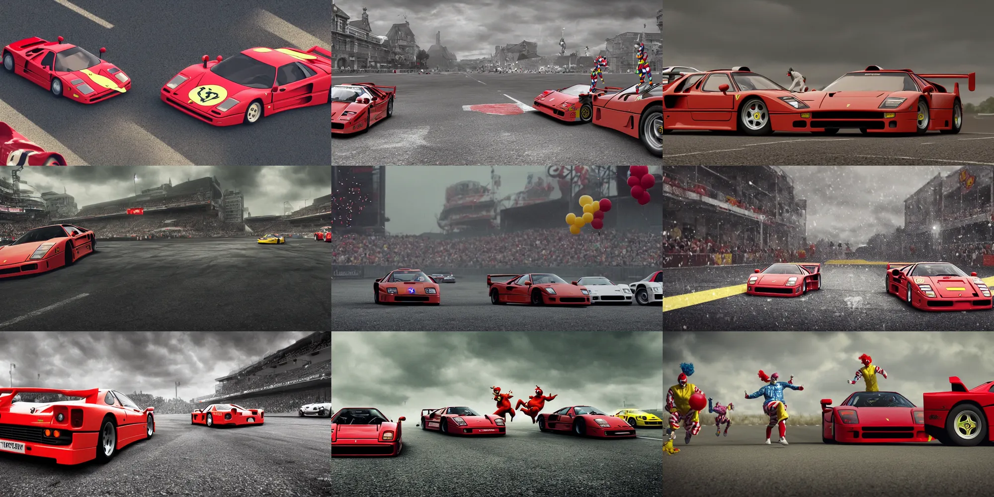 Prompt: clowns getting ran over by a ferrari f 4 0 sports car on a racetrack, running over clowns during an overcast day, realistic 4 k octane beautifully detailed render, 4 k post - processing, highly detailed, intricate complexity, epic composition, magical atmosphere, cinematic lighting, masterpiece, ultra hd
