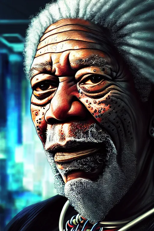 Image similar to a very detailed portrait of a old African man, Morgan Freeman, with dreadlocks, biotech, machine, photorealistic, highly detailed rendering with a cyberpunk style_ robotic arms, dramatic cinematic lighting