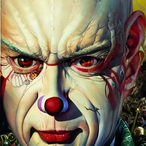 Prompt: realistic detailed image of Klaus Schwab dressed as a Nazi, wearing extremely intricate clown makeup, by Ayami Kojima, Amano, Karol Bak, Greg Hildebrandt, and Mark Brooks, tonalism, rich deep colors. Beksinski painting, art by Adrian Ghenie and Gerhard Richter. art by Takato Yamamoto. masterpiece