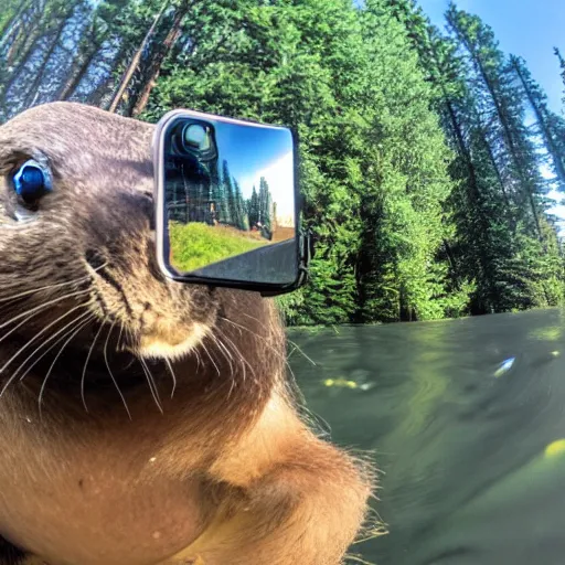 Prompt: beaver making a dam selfie with gopro camera