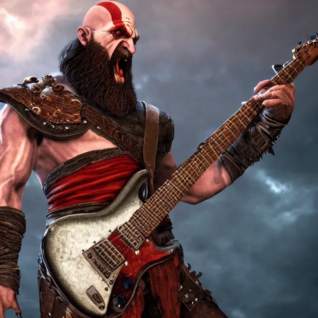 Prompt: screaming kratos rocking out on a stratocaster guitar, cinematic render, god of war 2 0 1 8, playstation studios official media, short beard, lightning