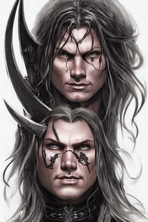 Image similar to face and torso portrait of pretty muscular sam winchester as a dark mage warrior tattooed, d & d!, fantasy style, sharp focus!, ultra detailed, art by artgerm and peter andrew jones, wlop