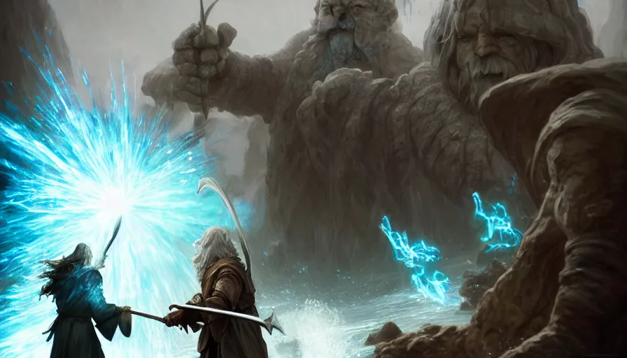 Prompt: gandalf fighting a water golem with his magic, in a fantasy medieval land, d & d, fantasy, action pose, particle effects, digital painting, concept art, matte, sharp focus, volumetric lighting, illustration, hearthstone, artgerm, moebius, wlop, craig mullins, alphonse mucha