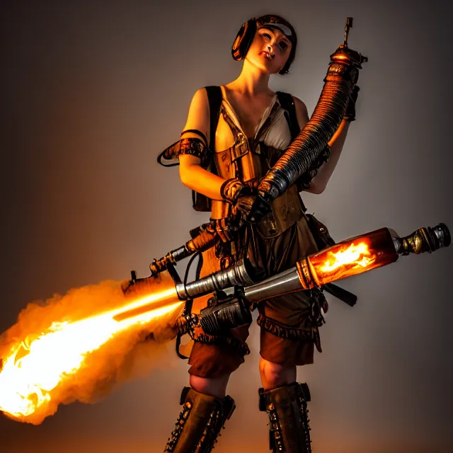 Image similar to full length photo of a beautiful dieselpunk warrior with a flamethrower, 8 k, hdr, smooth, sharp focus, high resolution, award - winning photo