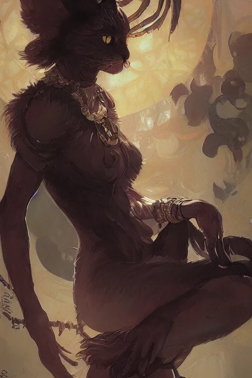 Image similar to portrait of an evil cat goddess Bast plotting against humanity, highly detailed, digital painting, artstation, concept art, sharp focus, illustration, art by artgerm and greg rutkowski and alphonse mucha