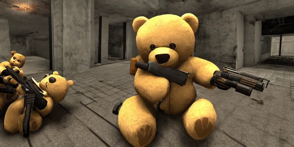 Image similar to a screenshot of a teddy bear inside a counter strike game, the teddy bear is holding a gun, the teddy bear is aiming at another teddy bear