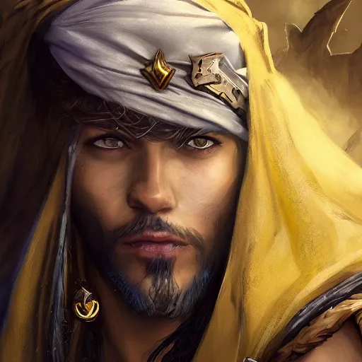 Image similar to portrait of young wild arabian nomad half werewolf, with yellow cloths, league of legends splash art, castlevania, hearthstone splash art, full body shot, rule of thirds, ultrafine hyperrealistic detailed face, artgerm, greg rutkowski, trending on artstation, 8 k, intricately detailed, highly detailed