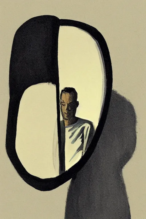 Image similar to man looking at his reflection in the mirror, 1960’s minimalist advertising illustration, painterly, expressive brush strokes