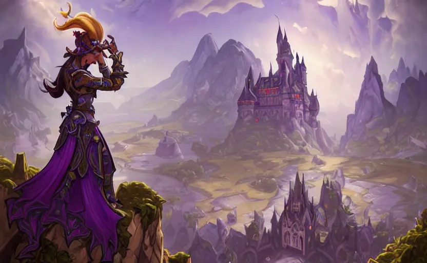 Image similar to bored woman checking her phone with amazing landscape with castle in background, fantasy, whimsical, dungeons and dragons, league of legends splash art, heroes of the storm splash art, hearthstone splash art, world of warcraft splash art, overwatch splash art, art by artgerm, art by alphonse mucha, intricately detailed, highly detailed, trending on artstation,