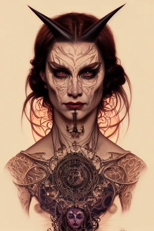 Image similar to portrait of a satanic witch, tattooed face, upper body, decorated, intricate, elegant, highly detailed, digital painting, artstation, concept art, smooth, sharp focus, illustration, art by artgerm and greg rutkowski and alphonse mucha, 8 k