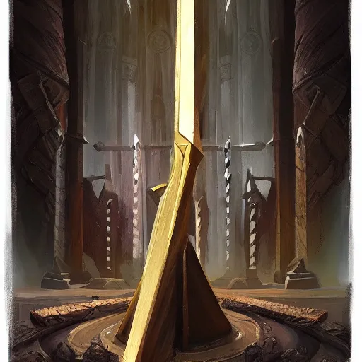 Image similar to Gungnir, the spear of Odin, laying on the pedestal in the armory of the gods, painting by Diego Gisbert Llorens