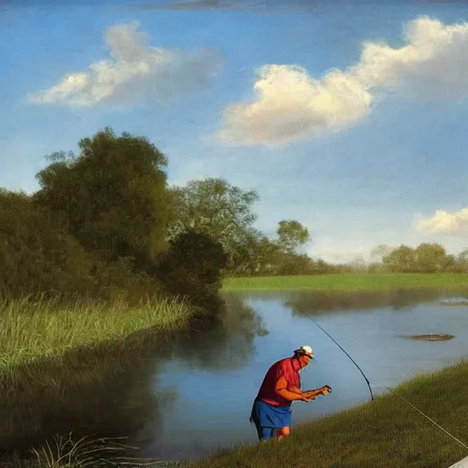 Prompt: elderly man intent on fishing with a fishing rod in a river. around a cane field, finely painted in oil, light clouds in the blue sky,