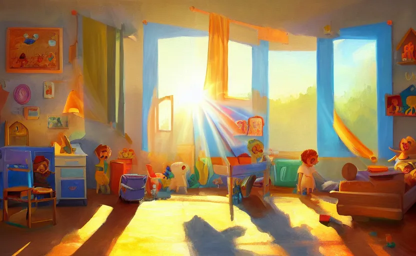 Image similar to happy morning and the rays of the morning sun shining through the window of kid's room in the village house clear sky, warm colors, coherent shadows, one point lighting, happy mood, oil painting, high detail, trending on artstation