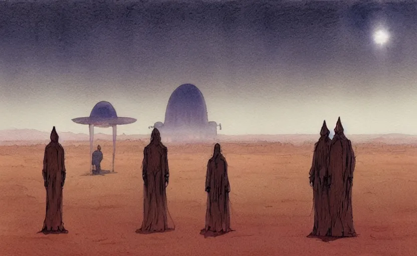 Image similar to a hyperrealist watercolour character concept art portrait of a 1 0 ft. tall thin alien with a high forehead on a misty night in the desert. a small group of people are watching from the foreground. a ufo is in the background. by rebecca guay, michael kaluta, charles vess and jean moebius giraud