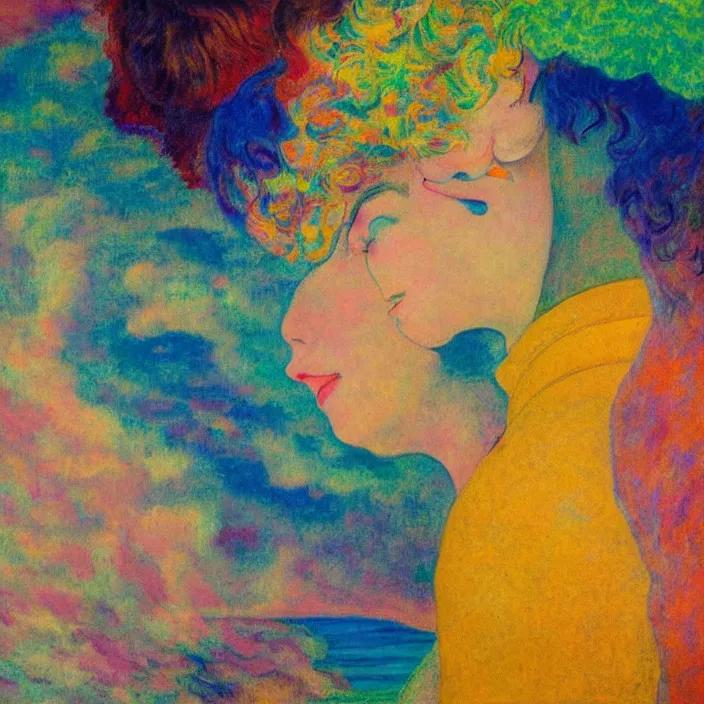 Prompt: close view of woman and man kissing. seaside with tall waves, sun setting through the storm clouds. iridescent, vivid psychedelic colors. painting by agnes pelton, egon schiele, henri de toulouse - lautrec, utamaro, matisse, monet