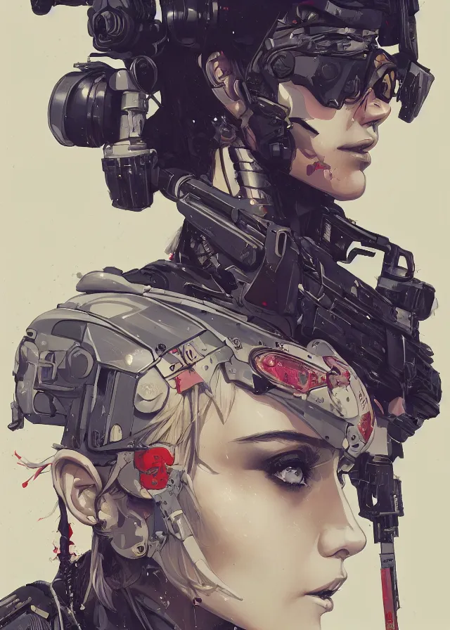 Image similar to highly detailed, james jean, ilya kuvshinov, greg rutkowski, simon roy, mcbess, yoji shinkawa, portrait illustration of a cyberpunk military woman, oil on canvas, colorful, cinematic composition, ray tracing, hyper realism, photorealistic