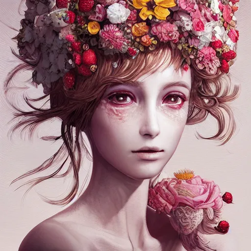 Image similar to the portrait of an absurdly beautiful, graceful, elegant, sophisticated, fashionable woman made of strawberries and white petals looking down, an ultrafine hyperdetailed illustration by kim jung gi, irakli nadar, intricate linework, bright colors, octopath traveler, final fantasy, unreal engine 5 highly rendered, global illumination, radiant light, detailed and intricate environment