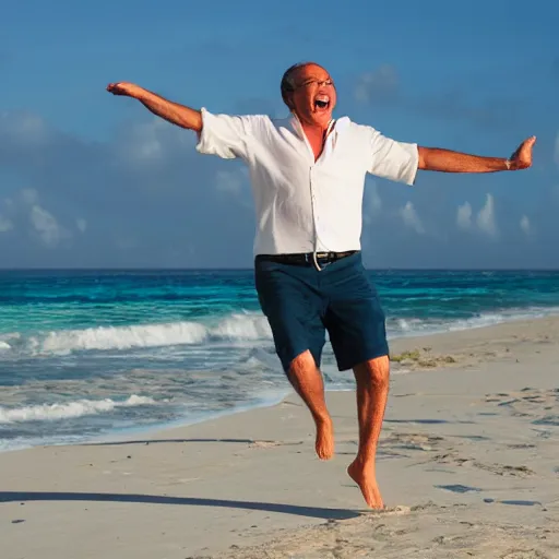 Prompt: artistic representation of a happy man dancing alone in aruba on the beach