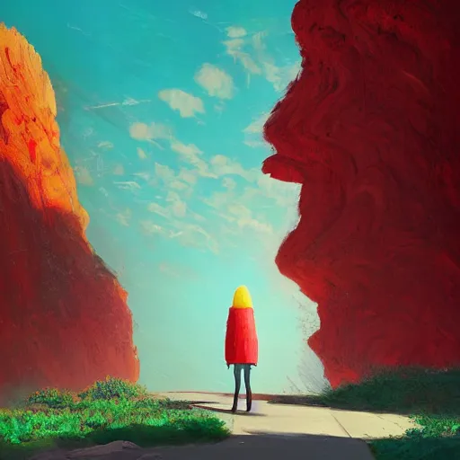 Image similar to giant cherry flower as a head, girl walking in a canyon, surreal photography, sunrise, dramatic light, impressionist painting, colorful clouds, digital painting, artstation, simon stalenhag