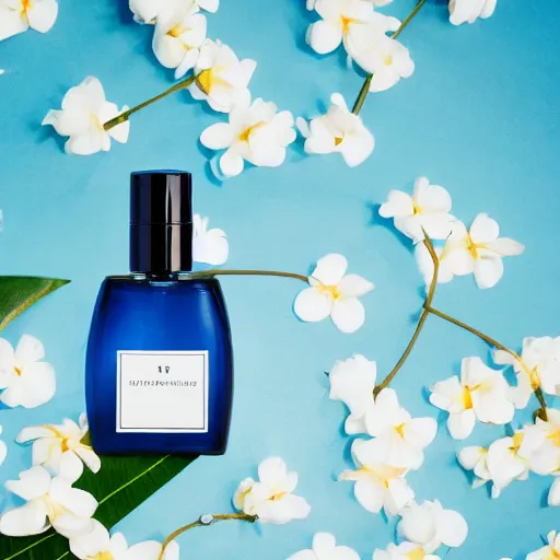 Prompt: centered bright perfume bottle standing in clear blue rippling water surrounded by a plethora of white flowers and tropical leaves and fauna upfront, with dreamy bright blue sky and clouds in the background, softly - lit, soft - warm, zen, light, modern minimalist f 2 0 clean