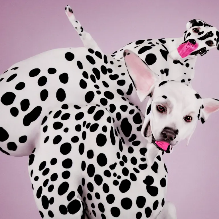 Image similar to vogue photoshoot octane render portrait of 1 0 1 dalmatian with white background, focus bright colorful pastel exotic vintage boutique hotel lounge, very short depth of field, bokeh