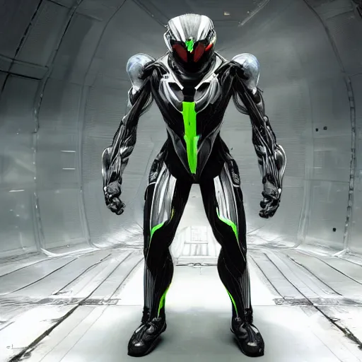 Image similar to the nanosuit from crysis 3 in ultra realistic detail, lit like a apple iphone ad with white light studio background and typography annotations on the suit, ultra hd