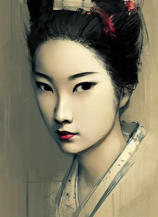 Prompt: female geisha girl, beautiful face, rule of thirds, intricate outfit, spotlight, by greg rutkowski, by jeremy mann