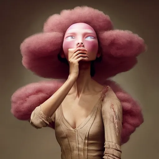 Image similar to brown woman wearing a candyfloss armor. super detailed. layered. textured. award winning. refracted lighting. soft. fragile. by ray caesar. by louise dahl - wolfe. by andrea kowch. surreal photoraphy