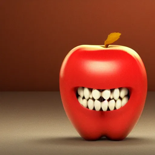 Prompt: An apple with monster teeth, photorealistic, 4k, octane render