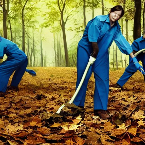 Image similar to closeup portrait of cleaners trying to hold back the falling leaves in a forest, detailed face, by Steve McCurry and David Lazar, CANON Eos C300, ƒ5.6, 35mm, 8K, medium-format print