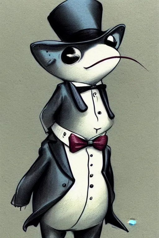 Image similar to cartoon fish in tuxedo. muted colors. by jean - baptiste monge!!!!!!!!!!!!!!!!!!!!!!!!!!!