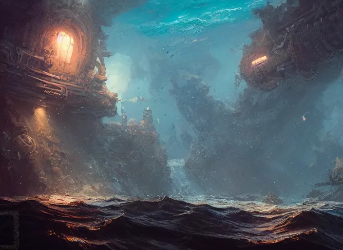 Prompt: twenty thousand leagues under the sea, fantasy art, in the style of greg rutkowski, illustration, epic, fantasy, intricate, hyper detailed, artstation, concept art, smooth, sharp focus, ray tracing