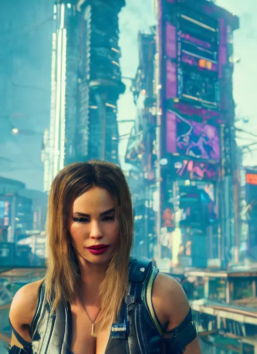 Image similar to film still of Sofia Vergara as Panam Palmer in Cyberpunk 2077, gameplay, 8k, HD