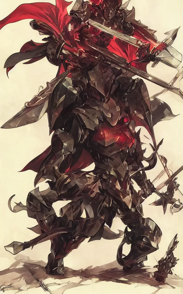 Prompt: Knight with black greatsword and black plate armour, one-eyed, emitting evil red aura, armor merging with body, full body shot, anime style, 90's modern art, art by artgerm and greg rutkowski and alphonse mucha