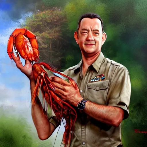 Prompt: Tom Hanks as forrest gump hugging a giant shrimp in the jungle, realistic digital painting, in the style of Aleksi Briclot, photoreailstic, realistic face, amazing detail, sharp