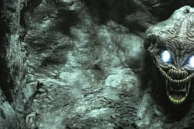 Prompt: vfx movie scene closeup monstrous alien creature in underground rocky cave. by emmanuel lubezki