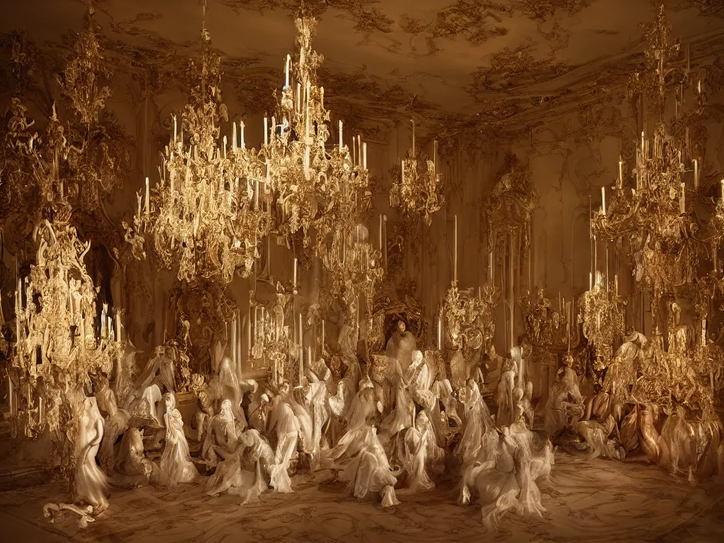 Prompt: Solemn Ghosts Appear in an Opulent French Baroque Ballroom, Hyperrealism, dramatic lighting, spooky, atmospheric